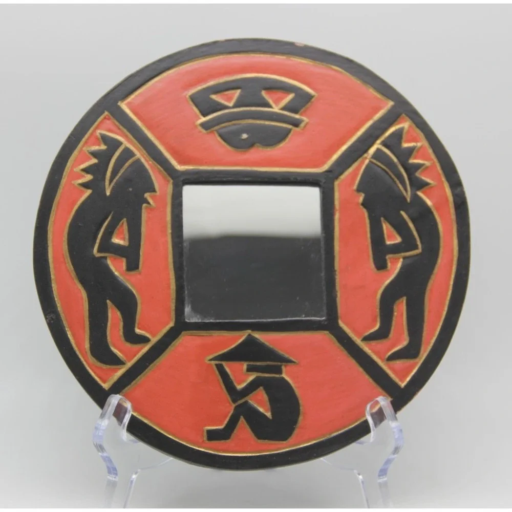 Vintage 90's Red Kokopelli Wall Mirror Boho Decor Hand Painted Indonesia 7.5